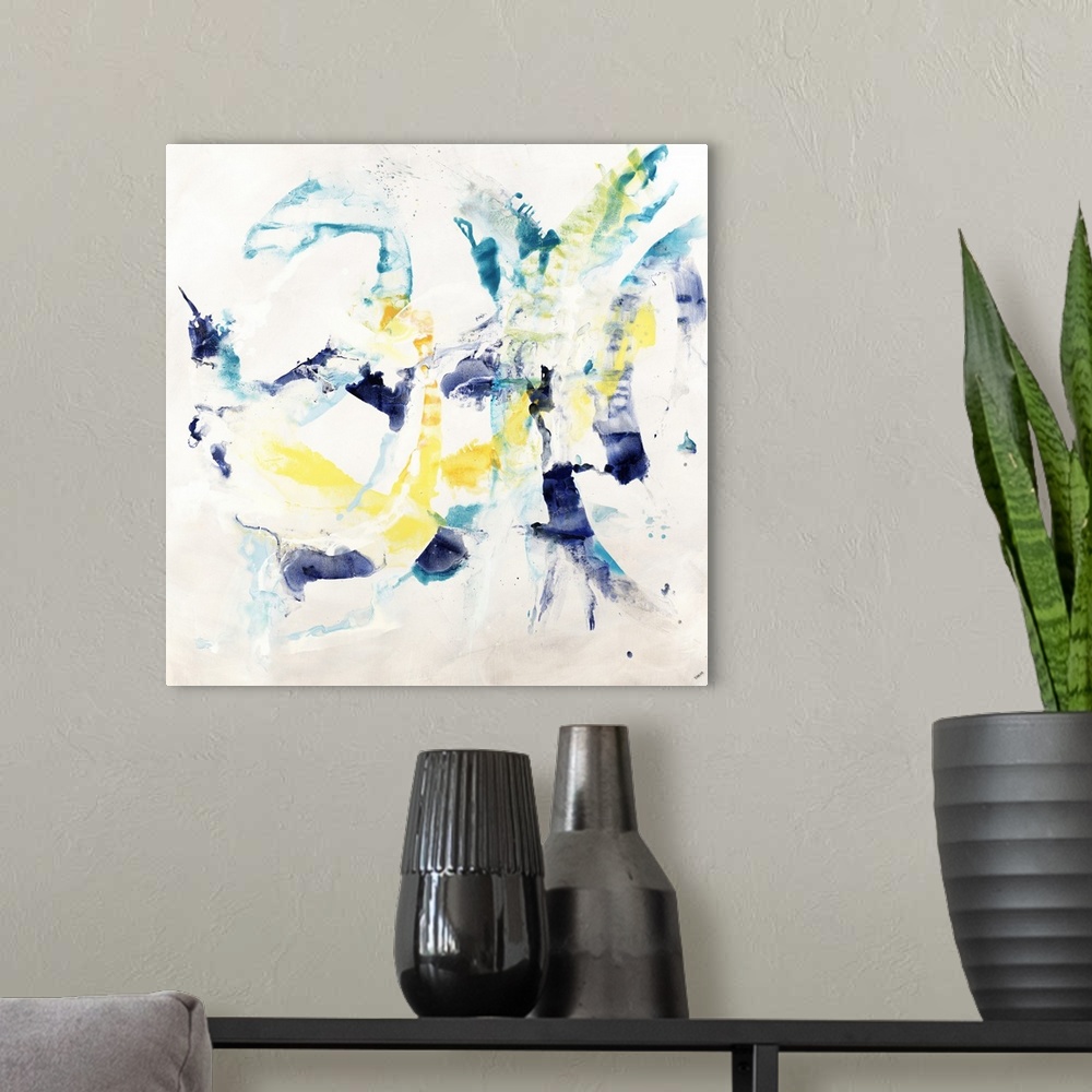A modern room featuring A contemporary abstract painting using colorful lines of paint against a white background.