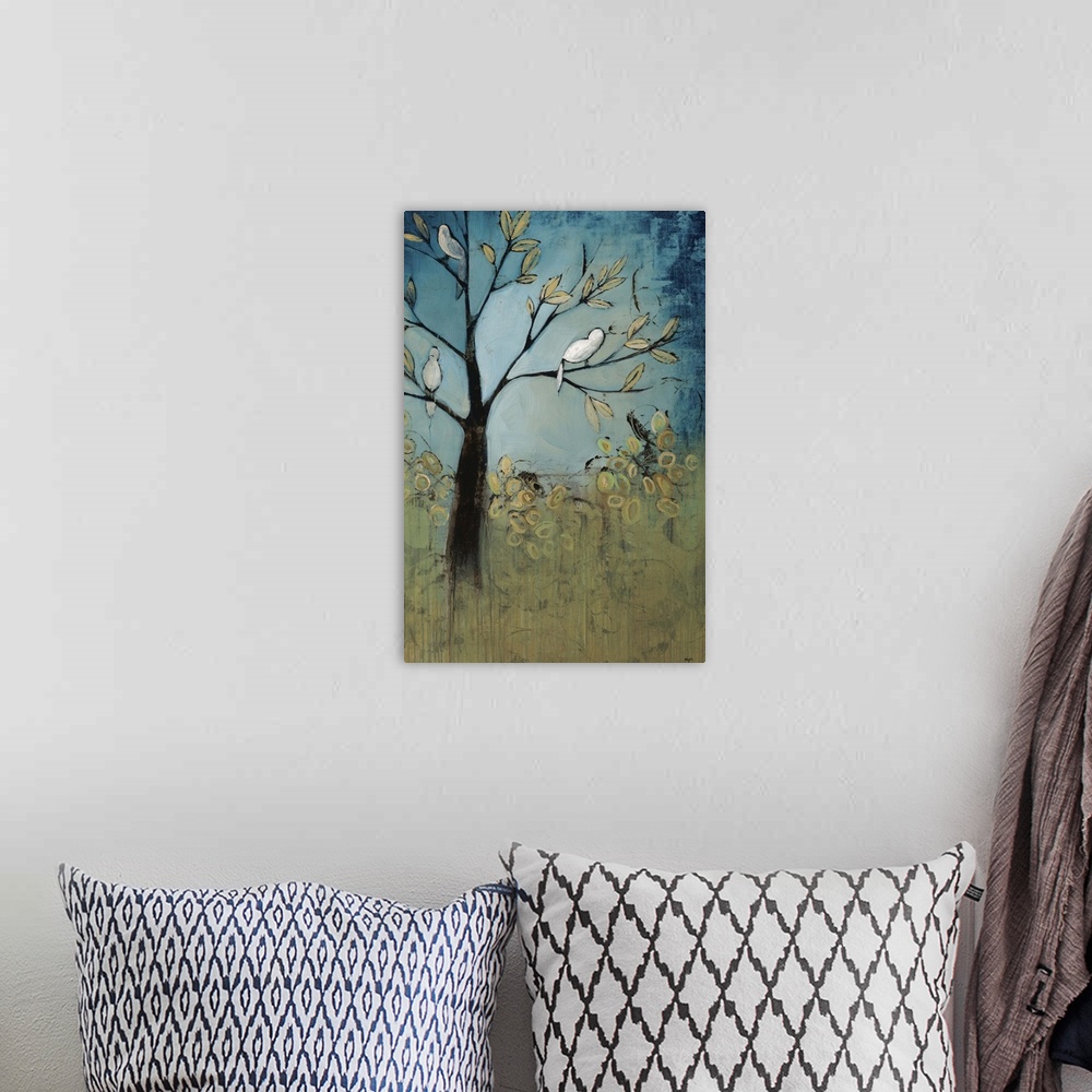 A bohemian room featuring Contemporary painting of several birds perched in a tree, surrounded by a lush, green landscape a...