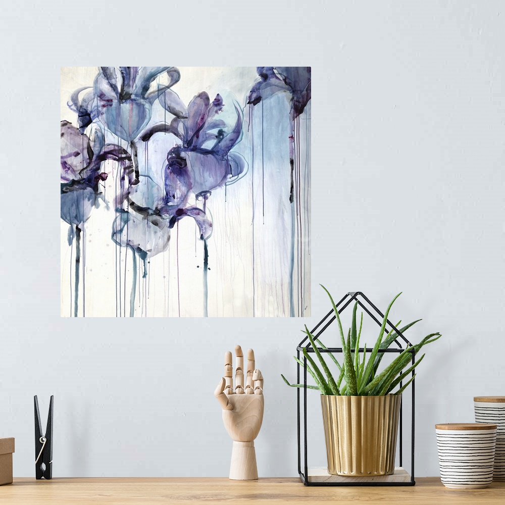 A bohemian room featuring Abstract floral painting of five iris blooms with drips of paint running down.