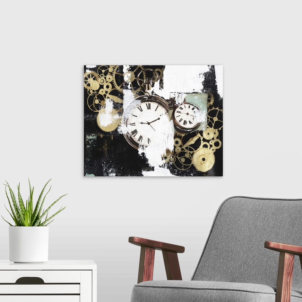 A modern room featuring Contemporary composite image of pocket watches and gears in a battered appearance.