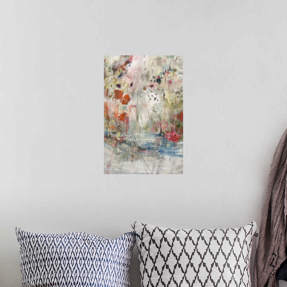 A bohemian room featuring Semi-abstract contemporary painting of bright pink flamingos in shallow water.