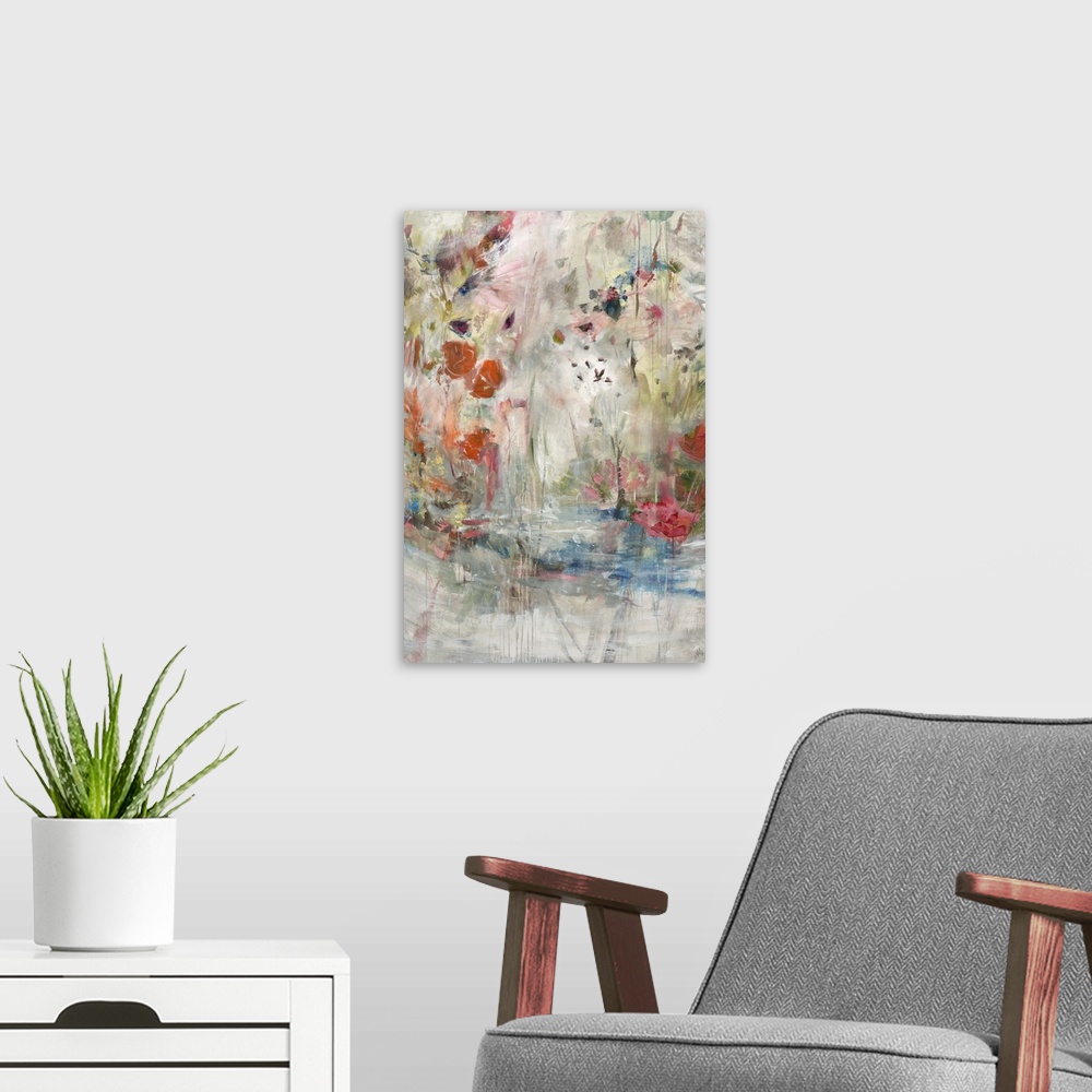 A modern room featuring Semi-abstract contemporary painting of bright pink flamingos in shallow water.