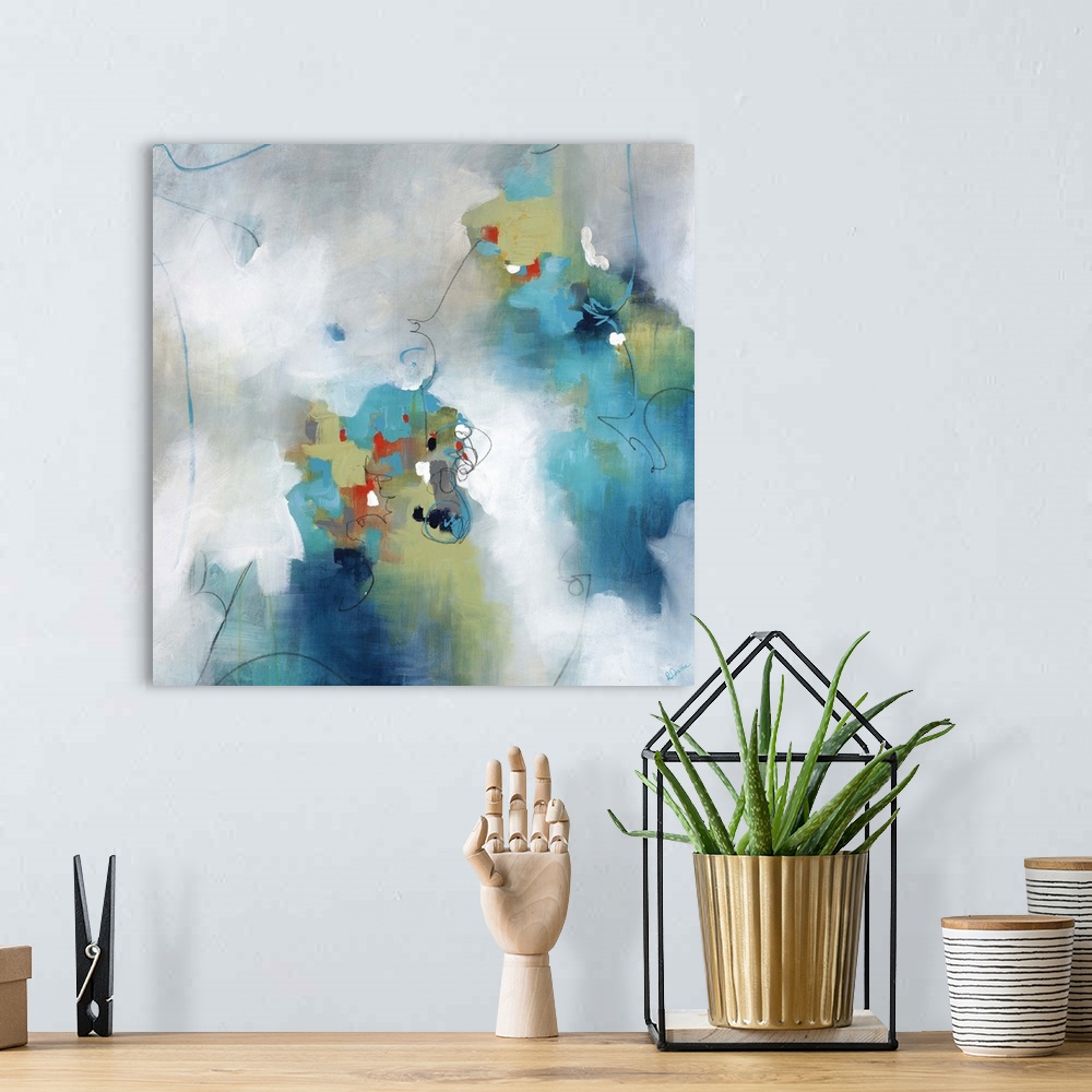 A bohemian room featuring Abstract art of two large multicolored objects with edges that softly transition into a backgroun...