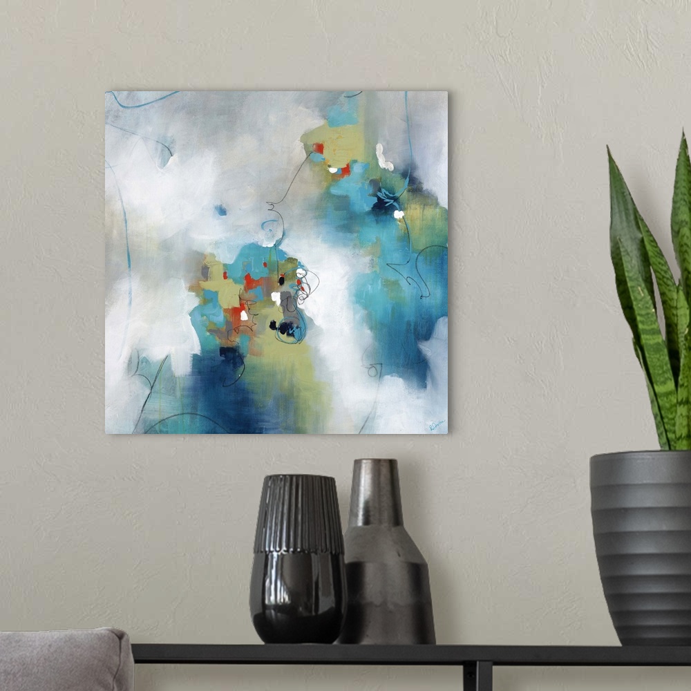 A modern room featuring Abstract art of two large multicolored objects with edges that softly transition into a backgroun...