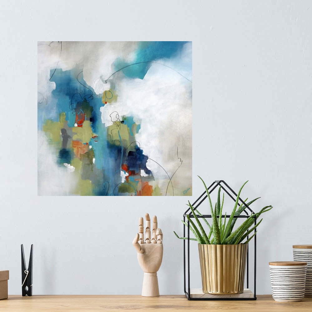 A bohemian room featuring Abstract art of a large multicolored object with edges that softly transition into a background o...