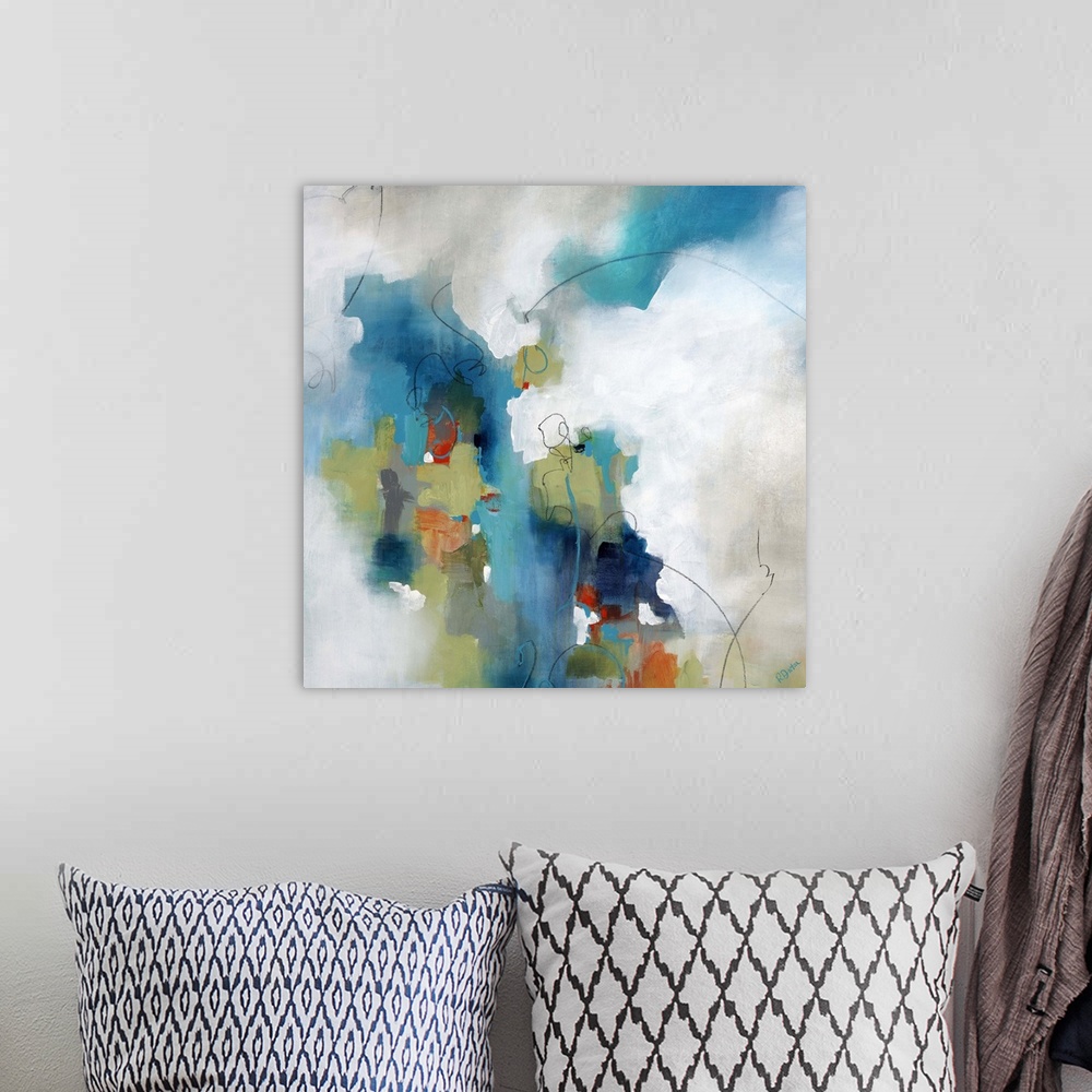 A bohemian room featuring Abstract art of a large multicolored object with edges that softly transition into a background o...