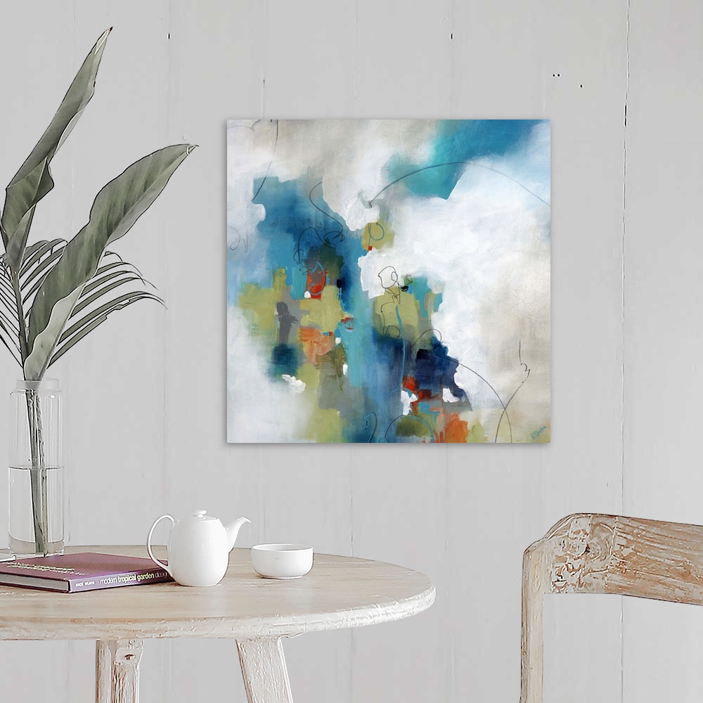 A farmhouse room featuring Abstract art of a large multicolored object with edges that softly transition into a background o...