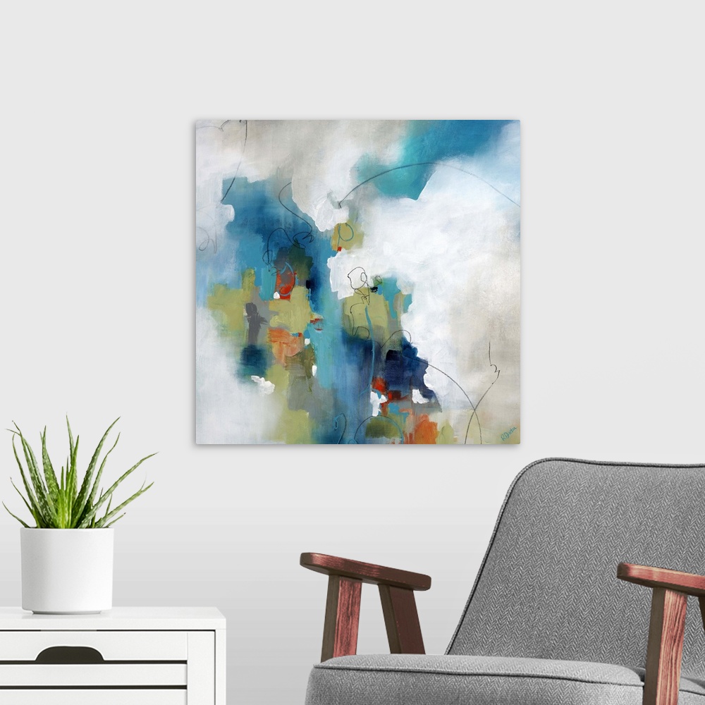 A modern room featuring Abstract art of a large multicolored object with edges that softly transition into a background o...