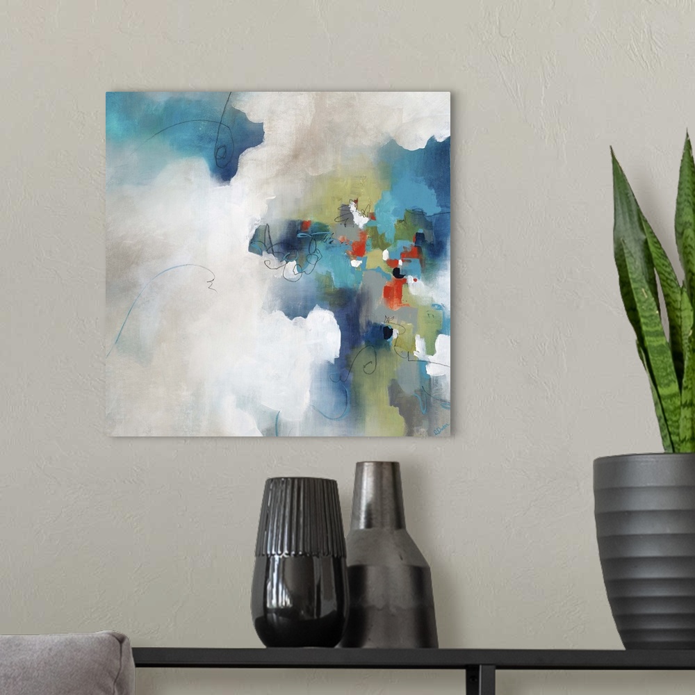A modern room featuring Abstract art of a large multicolored object with edges that softly transition into a background o...
