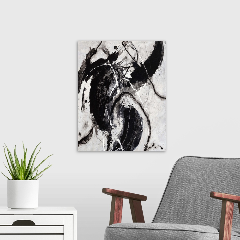 A modern room featuring Abstract painting of large, dark shapes and lines resembling a warrior riding an animal, on a lig...