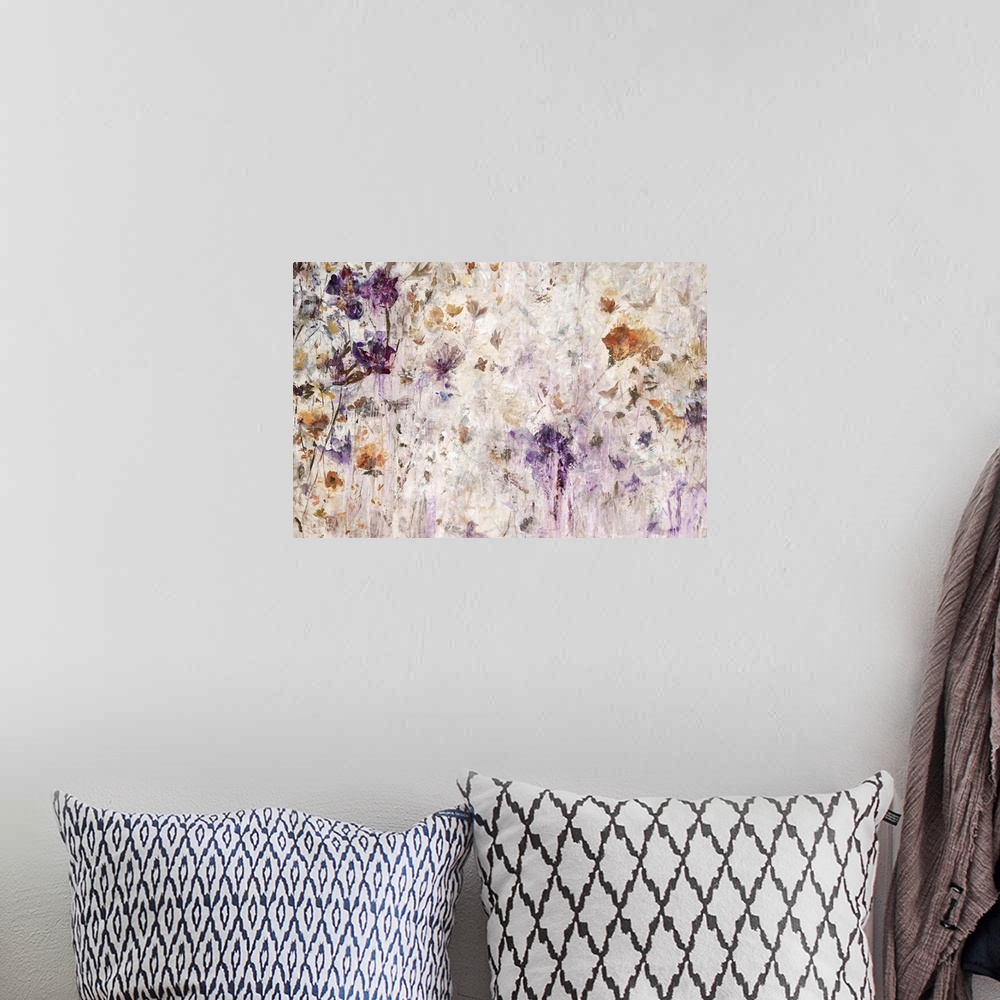 A bohemian room featuring Semi-abstract artwork of a garden of bright gold and lavender flowers.