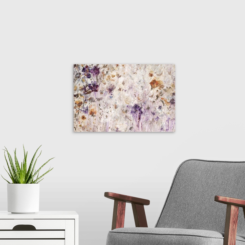 A modern room featuring Semi-abstract artwork of a garden of bright gold and lavender flowers.