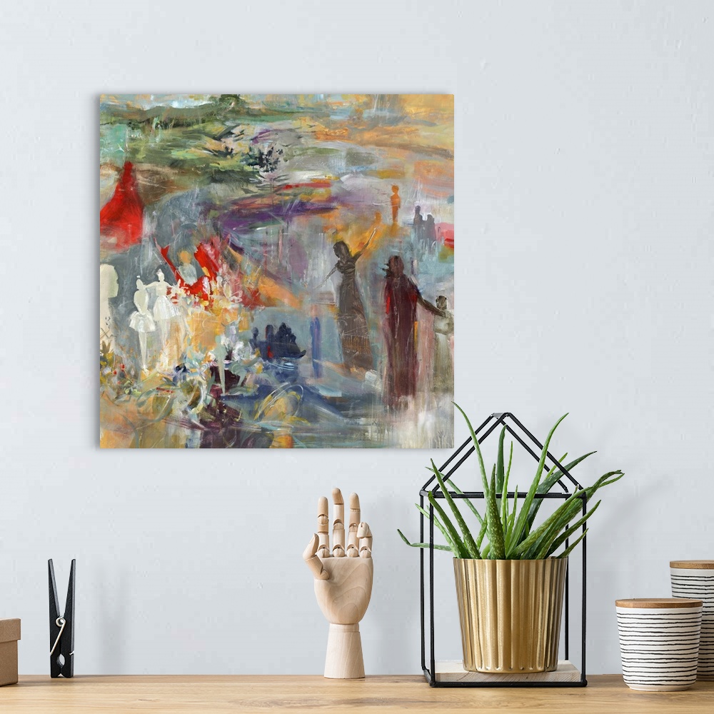 A bohemian room featuring A very colorful abstract painting with silhouettes of people found throughout.
