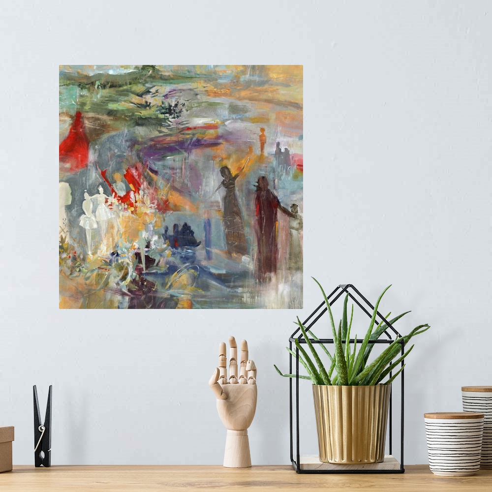A bohemian room featuring A very colorful abstract painting with silhouettes of people found throughout.