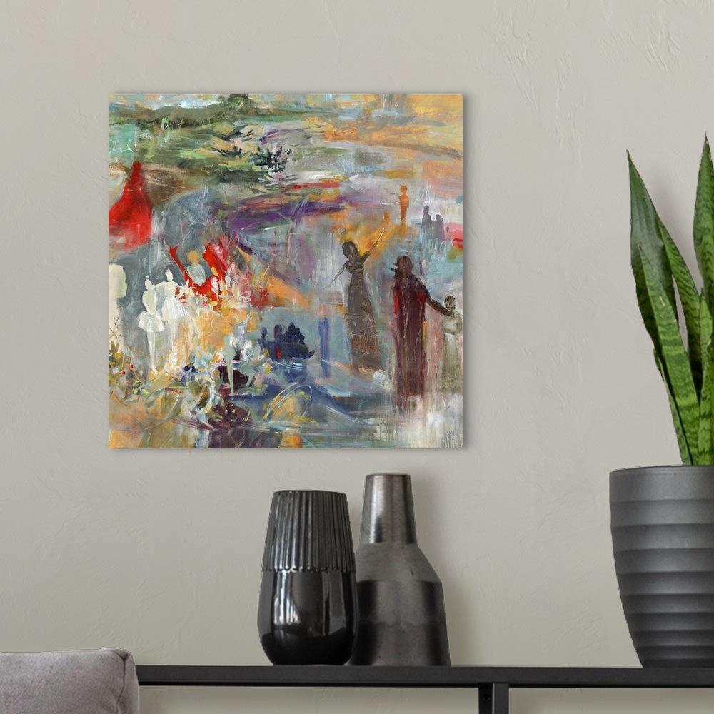 A modern room featuring A very colorful abstract painting with silhouettes of people found throughout.