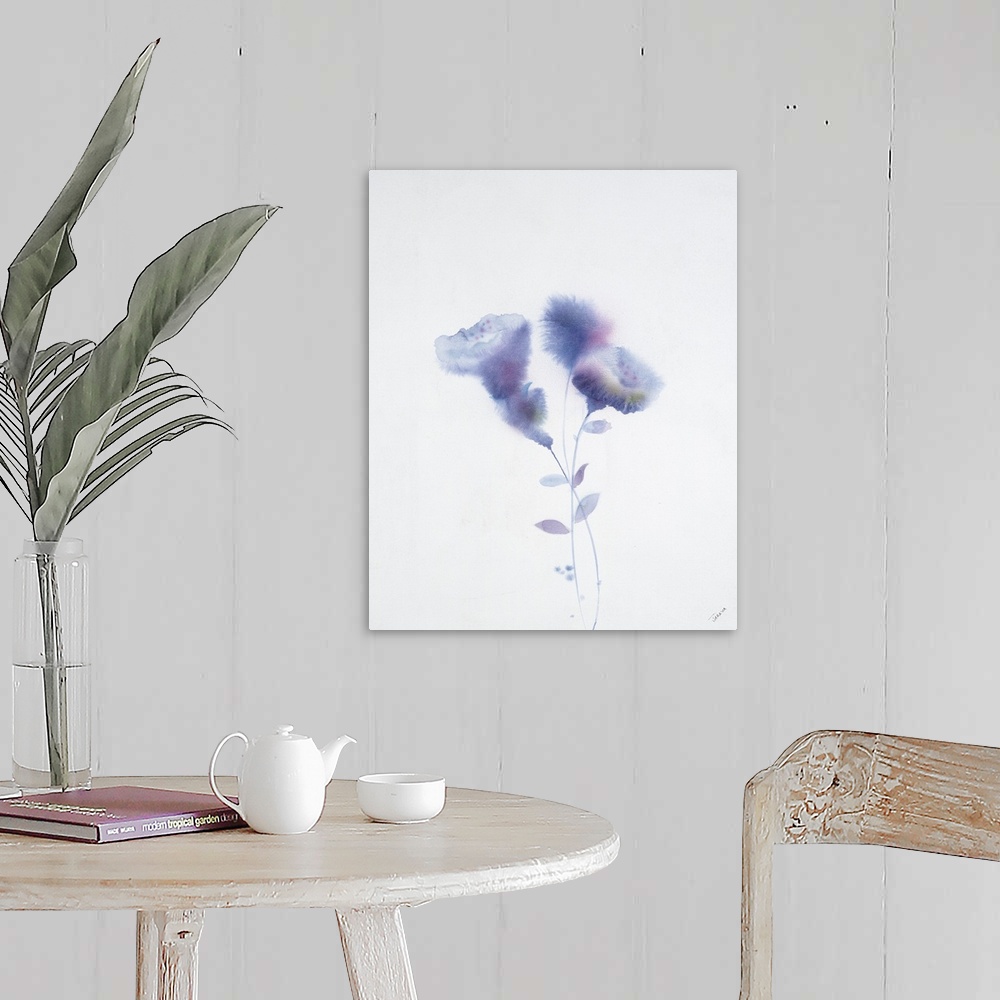 A farmhouse room featuring Vertical watercolor painting of delicate purple flowers.