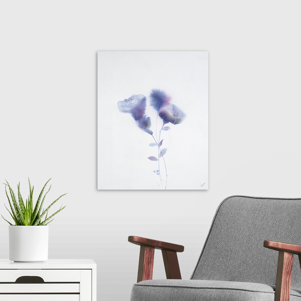 A modern room featuring Vertical watercolor painting of delicate purple flowers.