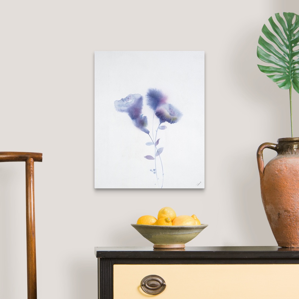 A traditional room featuring Vertical watercolor painting of delicate purple flowers.