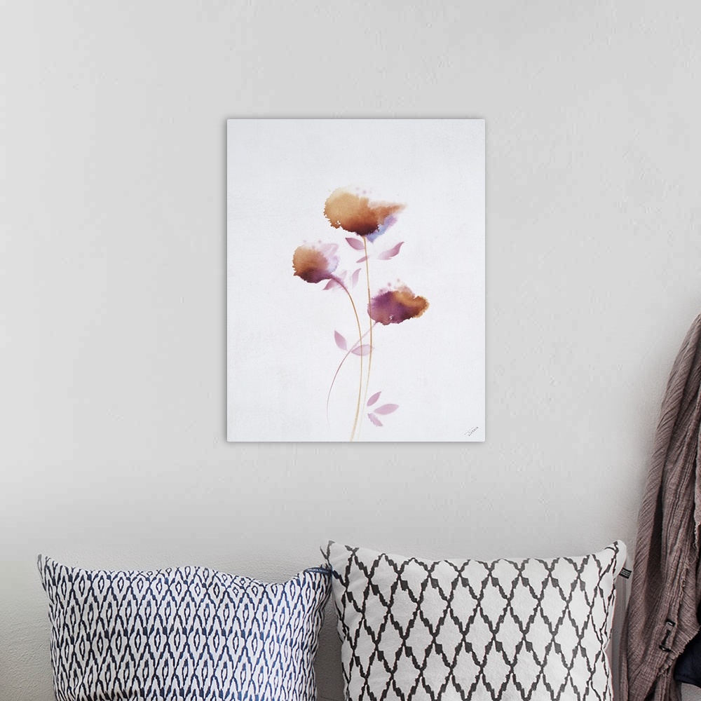 A bohemian room featuring Vertical watercolor painting of delicate orange and red flowers.