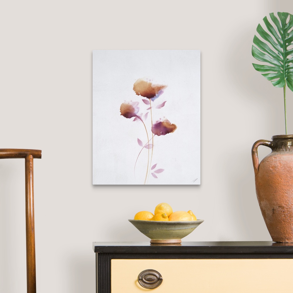 A traditional room featuring Vertical watercolor painting of delicate orange and red flowers.