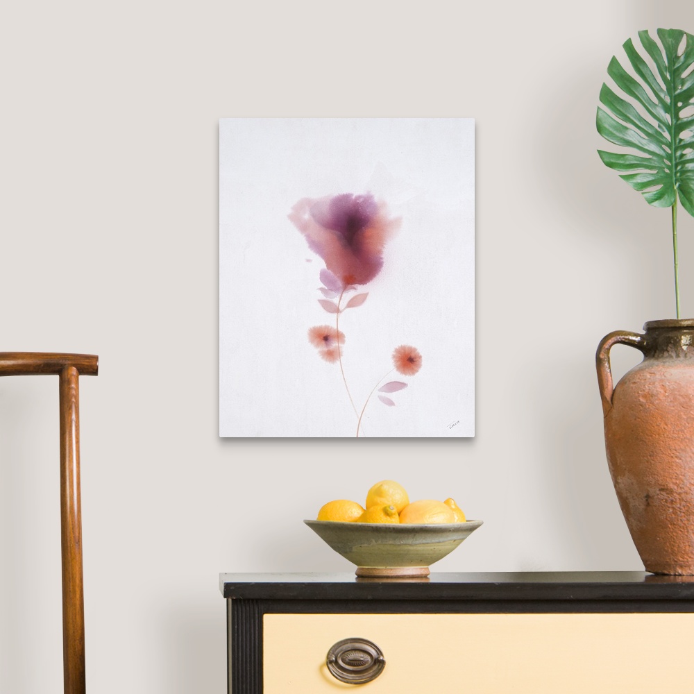 A traditional room featuring Vertical watercolor painting of delicate orange and red flowers.