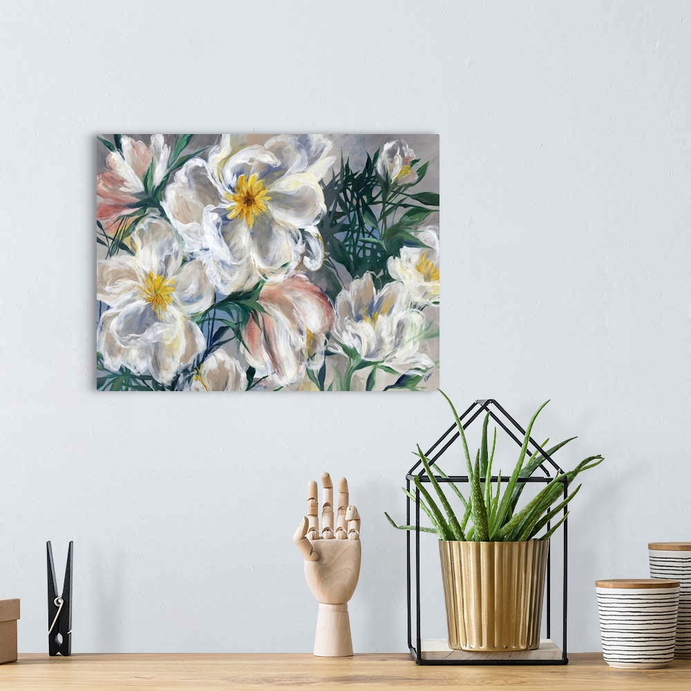 A bohemian room featuring Contemporary painting of a bouquet of white and pink flowers.