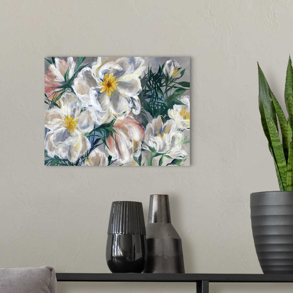 A modern room featuring Contemporary painting of a bouquet of white and pink flowers.