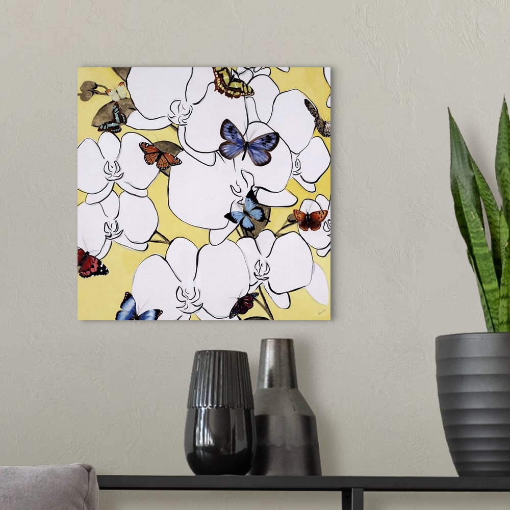 A modern room featuring Modern square painting of white flowers surrounded by colorful butterflies.