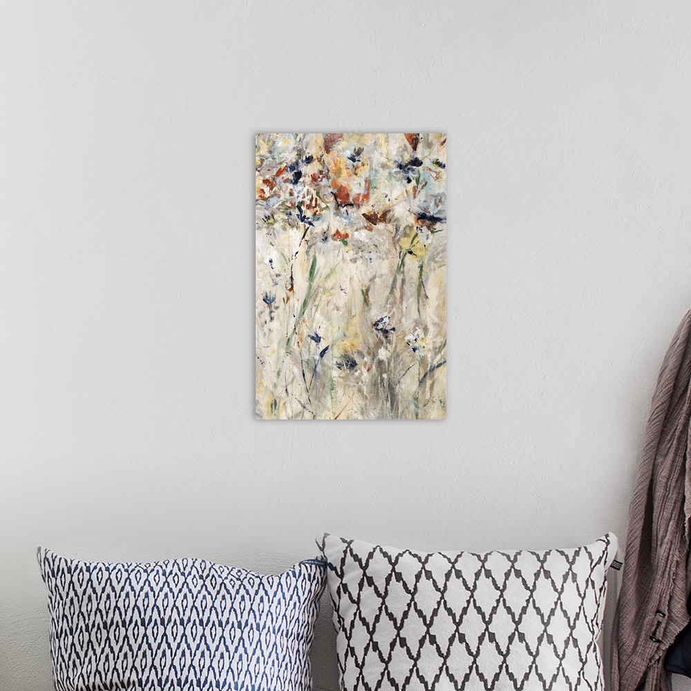 A bohemian room featuring Contemporary abstract painting using neutral earth tones to make flowers.