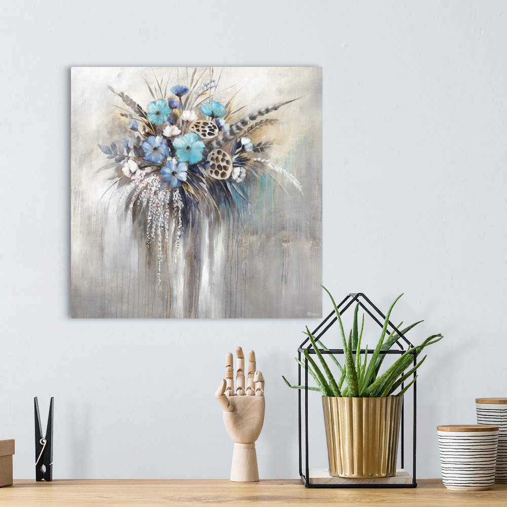 A bohemian room featuring Contemporary painting of an arrangement of blue flowers and long feathers.