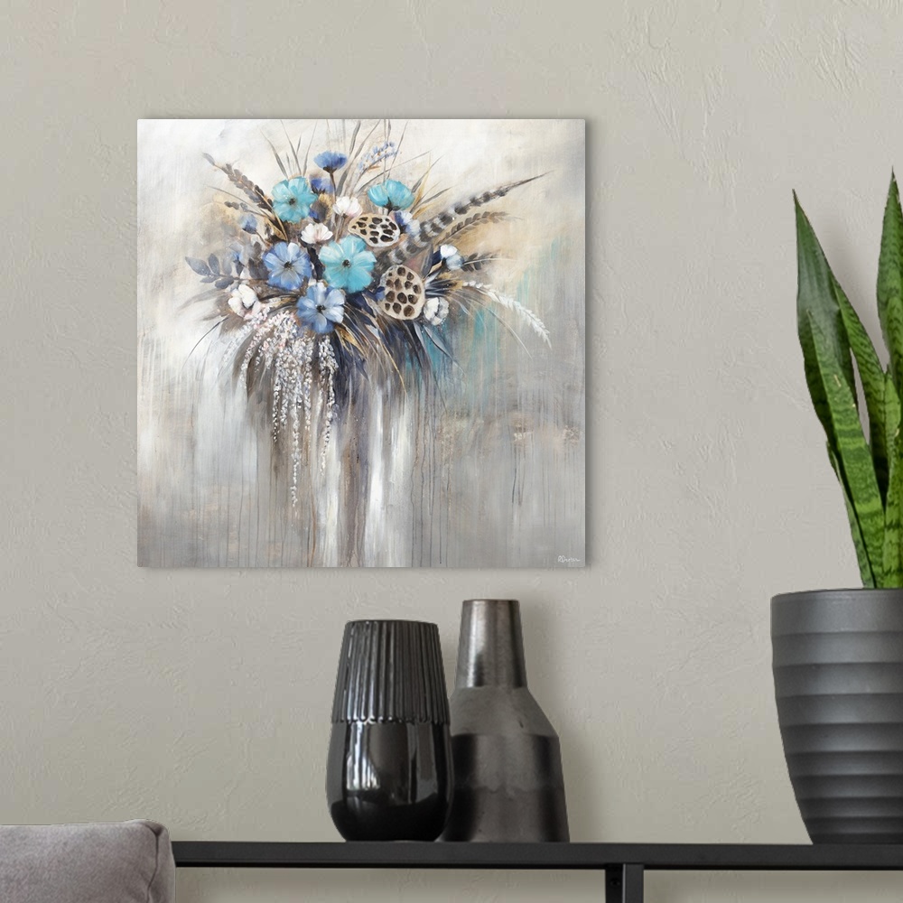 A modern room featuring Contemporary painting of an arrangement of blue flowers and long feathers.