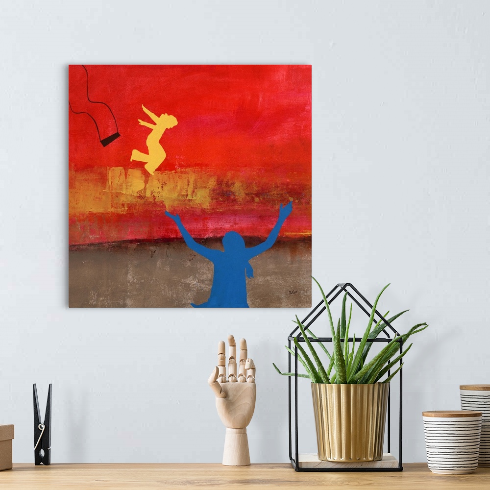 A bohemian room featuring Painting of a blue silhouetted figure with arms raised as a yellow figure jumps off a swing.