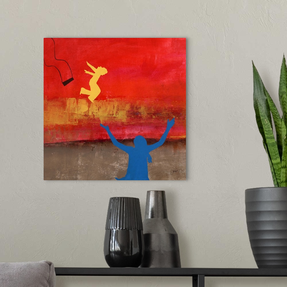 A modern room featuring Painting of a blue silhouetted figure with arms raised as a yellow figure jumps off a swing.