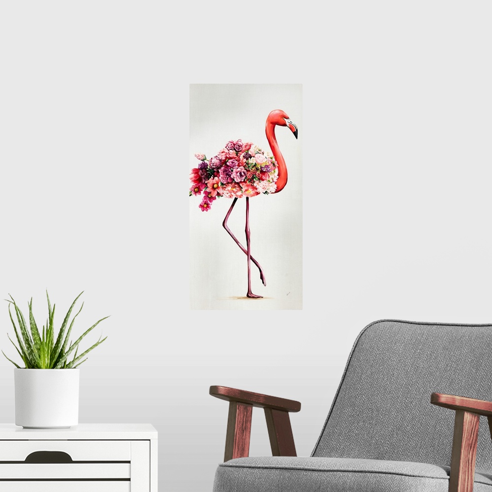 A modern room featuring Flowering Flamingos I