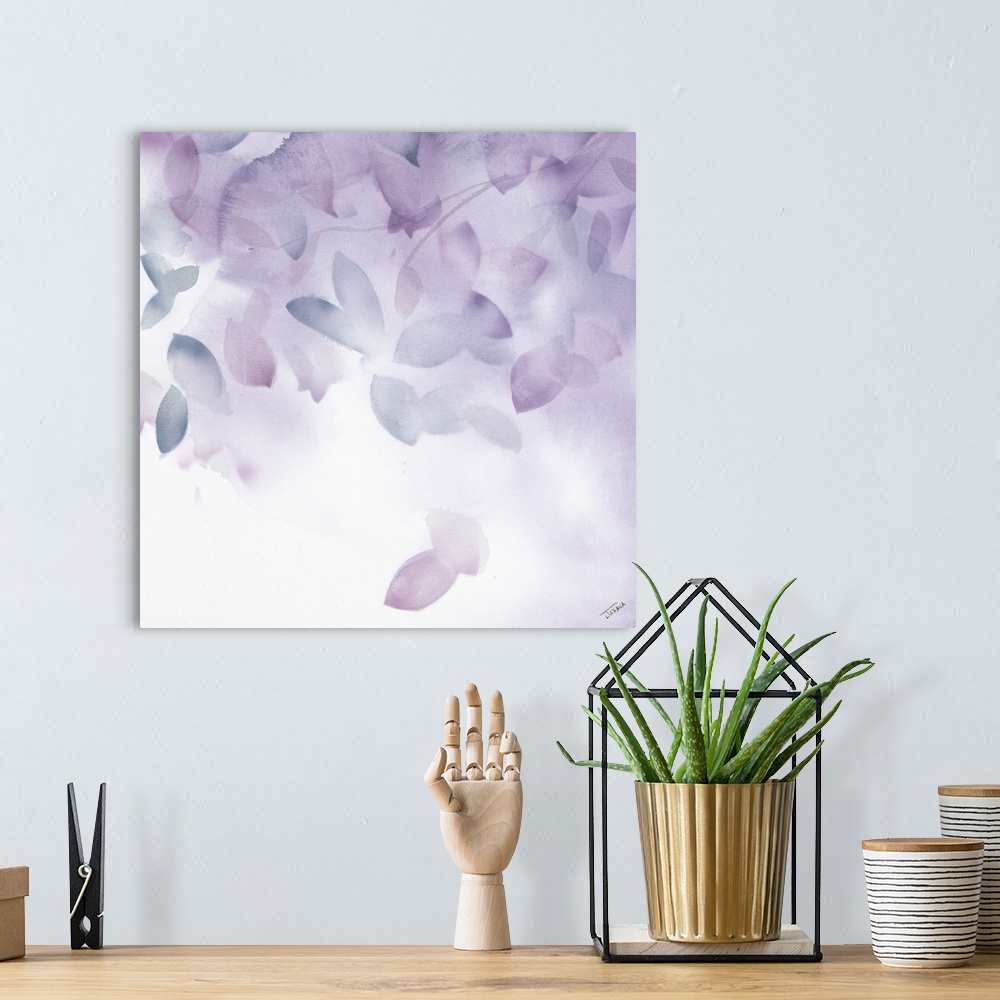 A bohemian room featuring Square watercolor painting of leaves falling from a tree branch in shades of blue and purple.