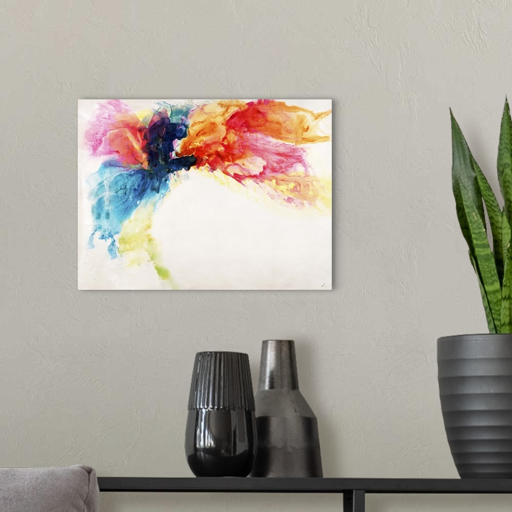 A modern room featuring Contemporary abstract painting using a variety of colors to create a colorful cloud-like shape.