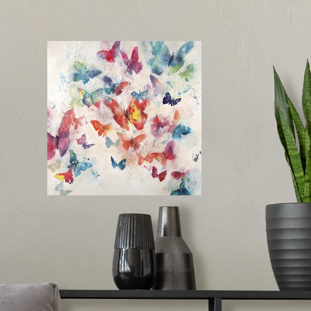 A modern room featuring Contemporary painting of a cluster of butterflies in various sizes and colors, on a light neutral...