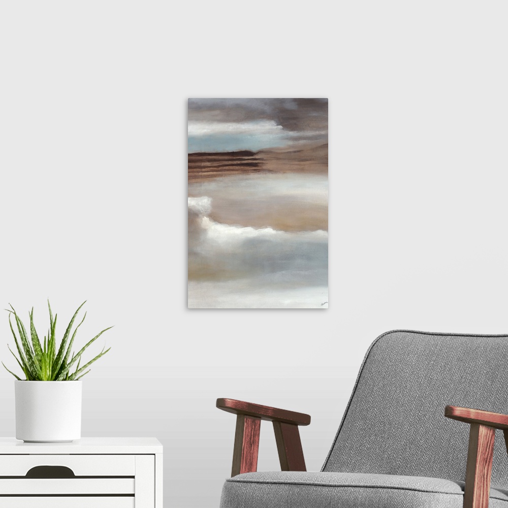 A modern room featuring Contemporary abstract painting using soft warm and cool tones.