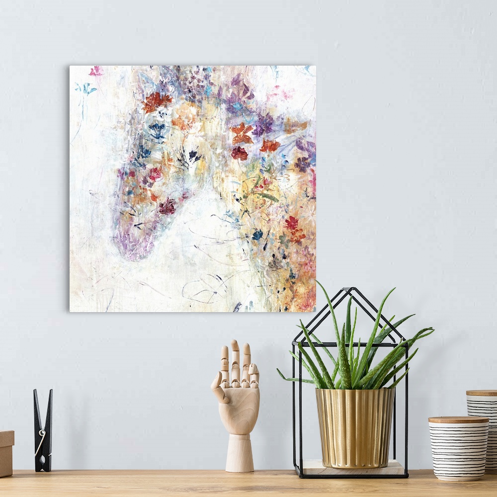 A bohemian room featuring Square abstract painting of a colorful horse with spring flowers on top.