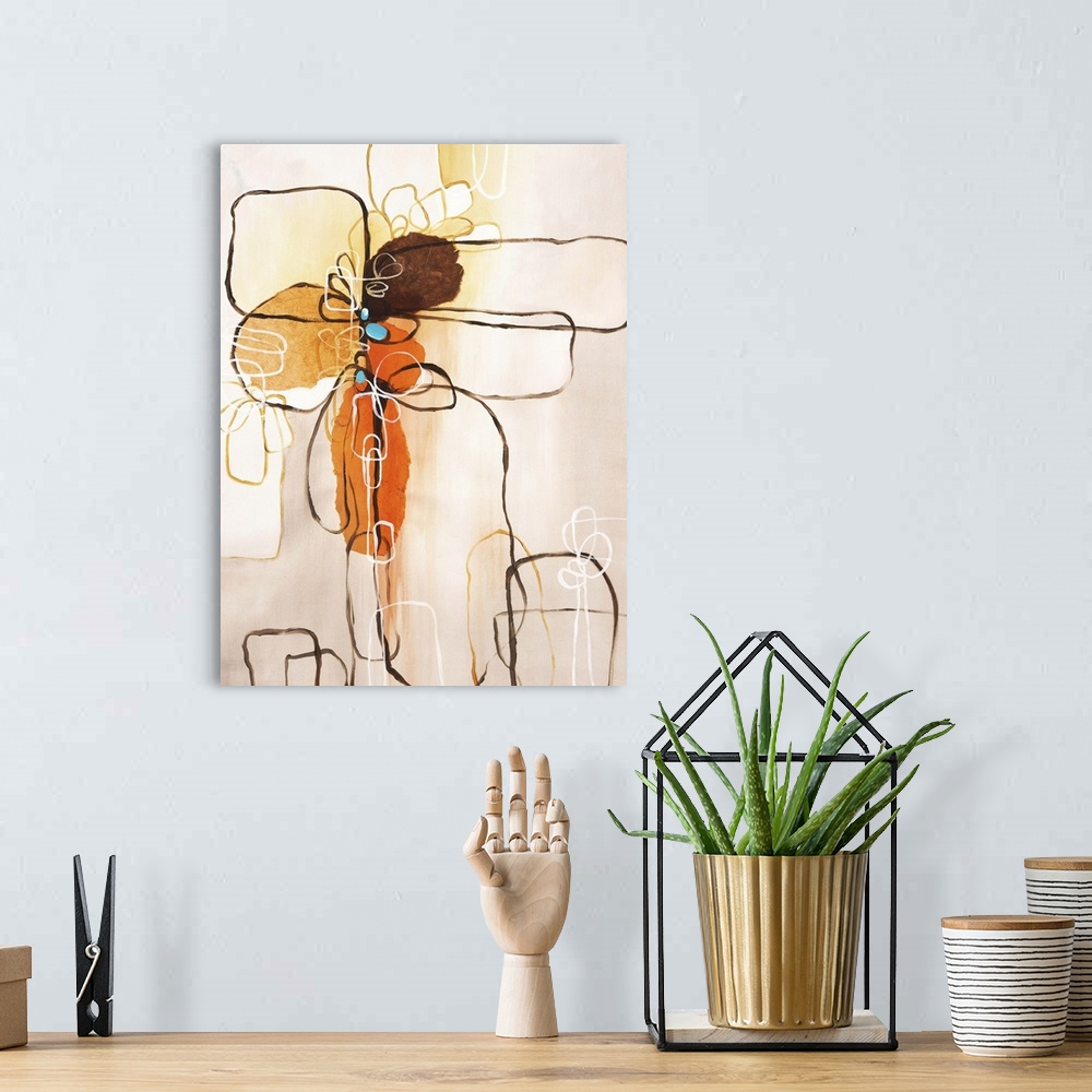 A bohemian room featuring Abstract painting of a flower using rounded geometric shapes in shades of brown and orange with t...