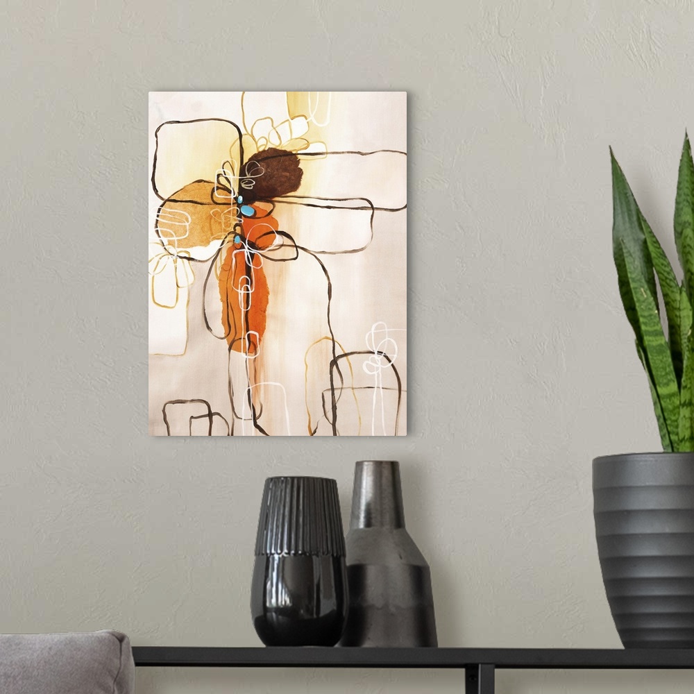 A modern room featuring Abstract painting of a flower using rounded geometric shapes in shades of brown and orange with t...