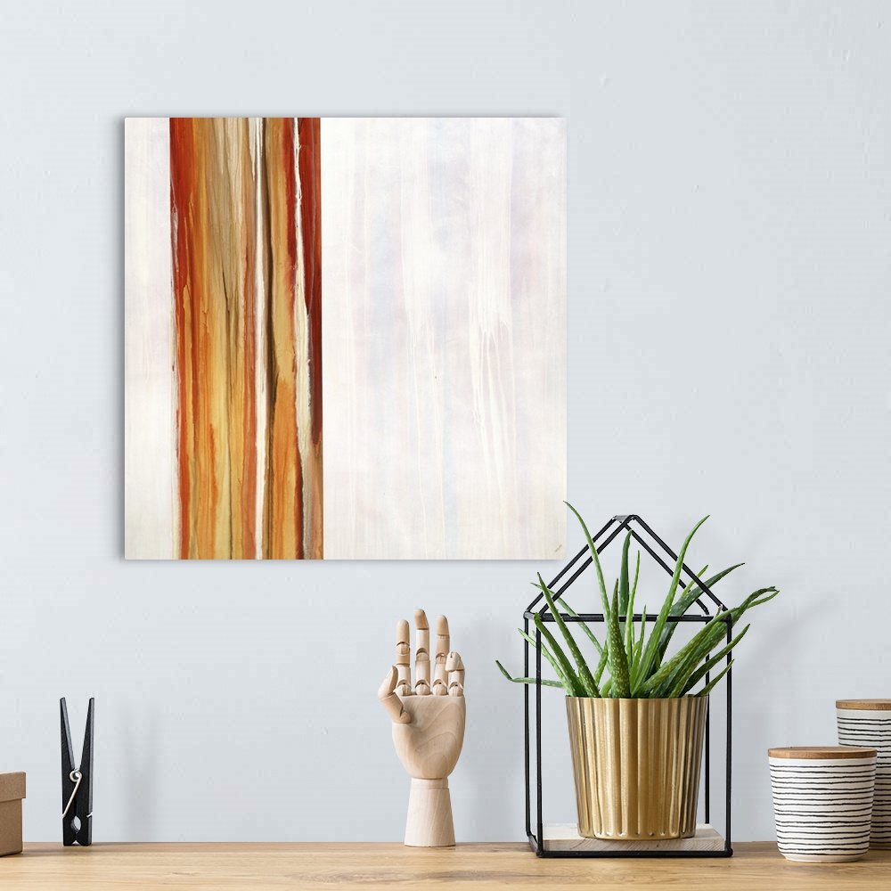 A bohemian room featuring Abstract contemporary painting of vertical red and orange stripes on white.