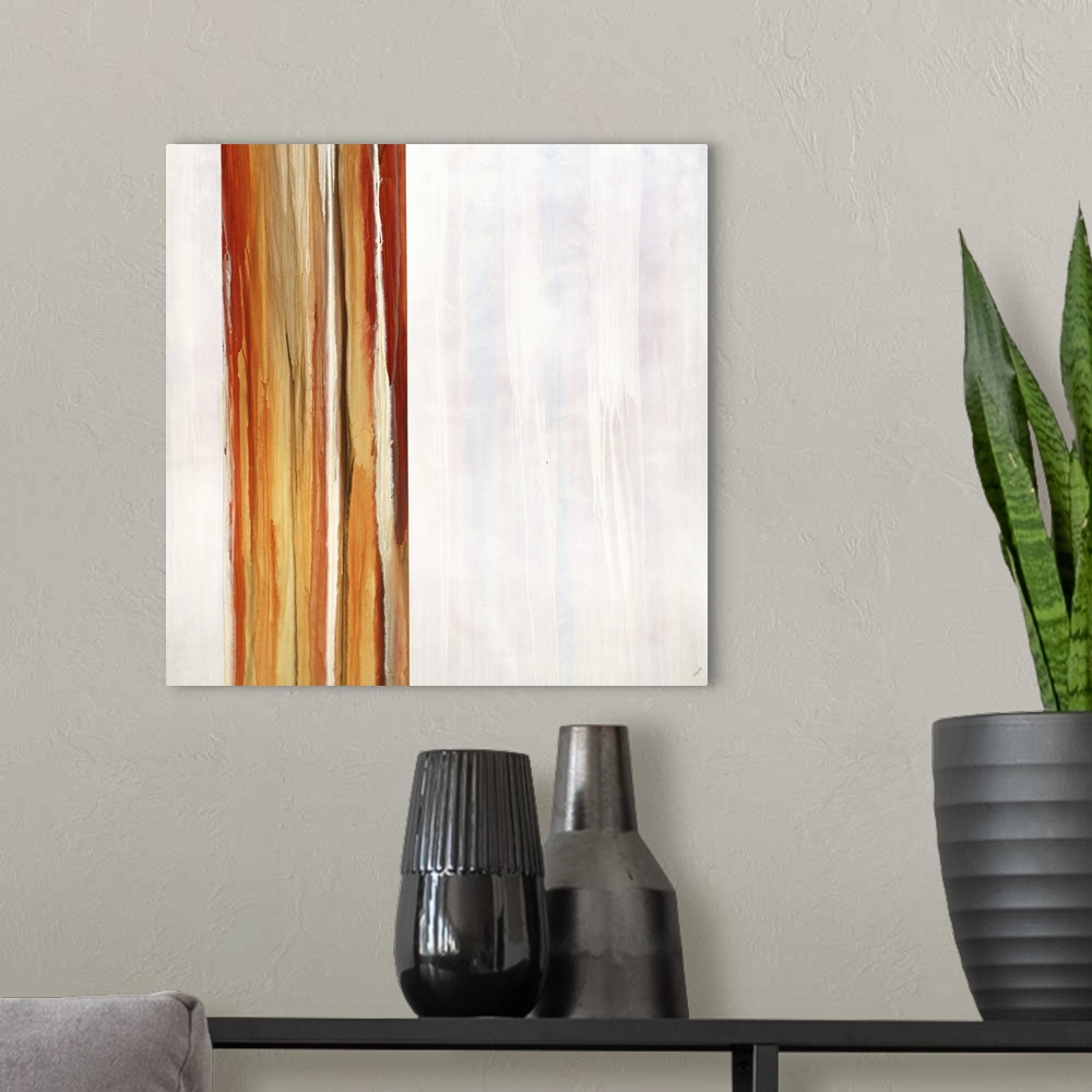 A modern room featuring Abstract contemporary painting of vertical red and orange stripes on white.