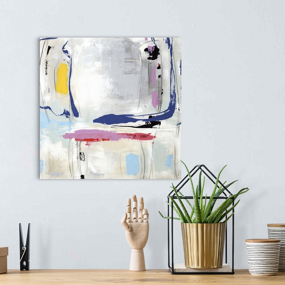 A bohemian room featuring Abstract painting of bold colorful brush  strokes on a gray and cream background.
