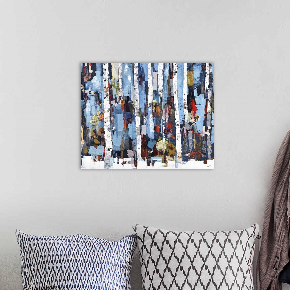 A bohemian room featuring Colorful abstract painting of tall white tree trunks on a snow covered ground with vertical strok...