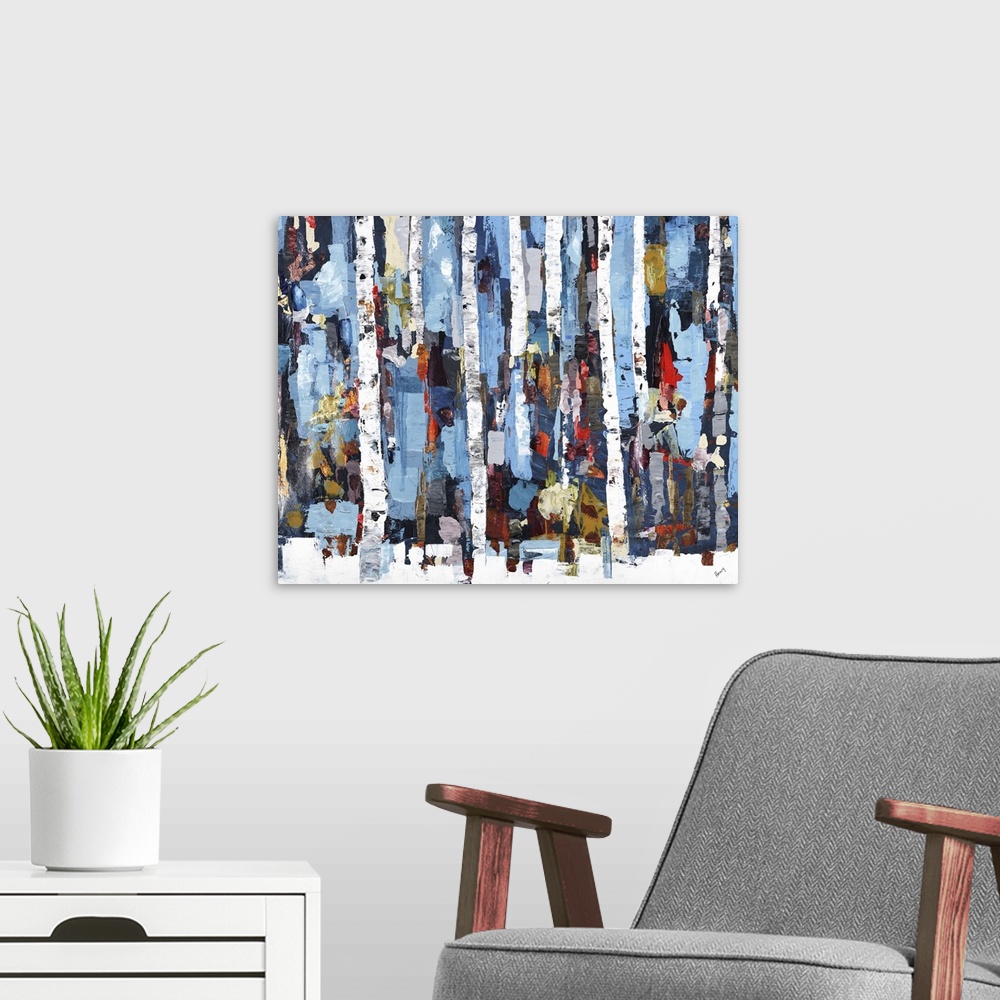 A modern room featuring Colorful abstract painting of tall white tree trunks on a snow covered ground with vertical strok...