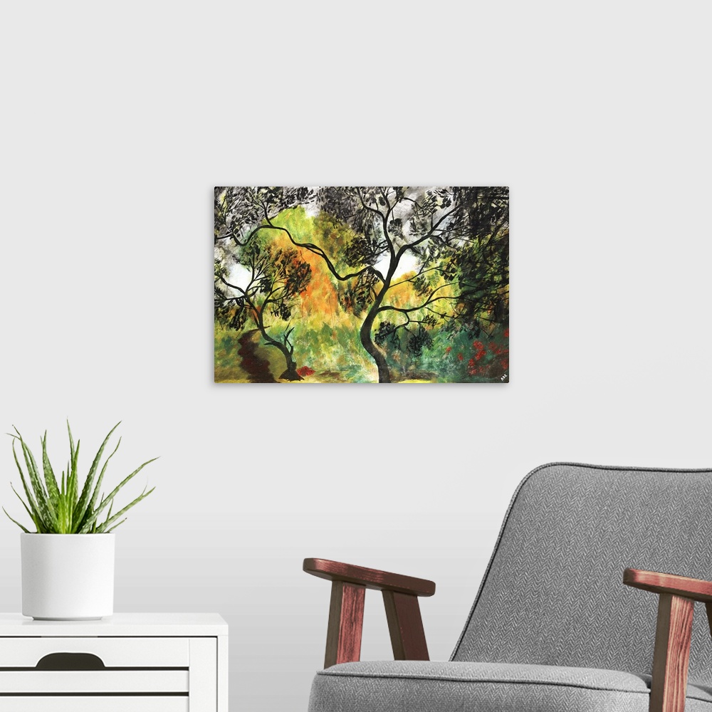 A modern room featuring Contemporary landscape painting of a forest thicket with colorful autumn foliage.
