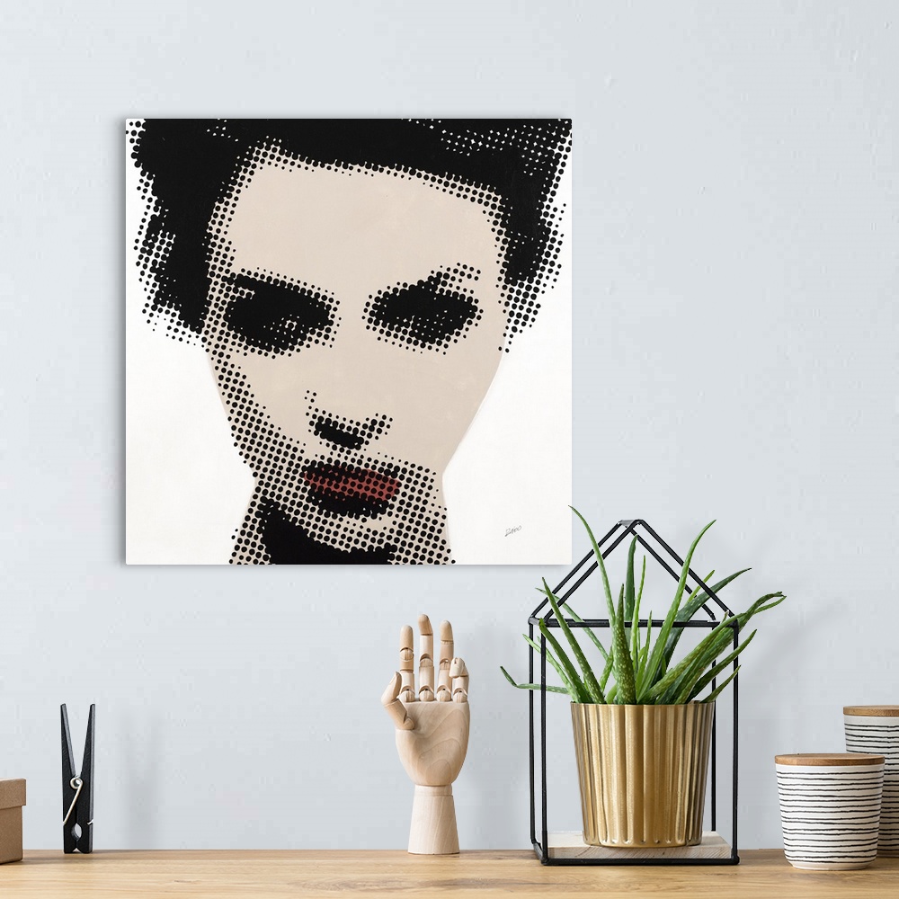 A bohemian room featuring Square illustration of a woman's face created with black dots over beige and red paint on a white...