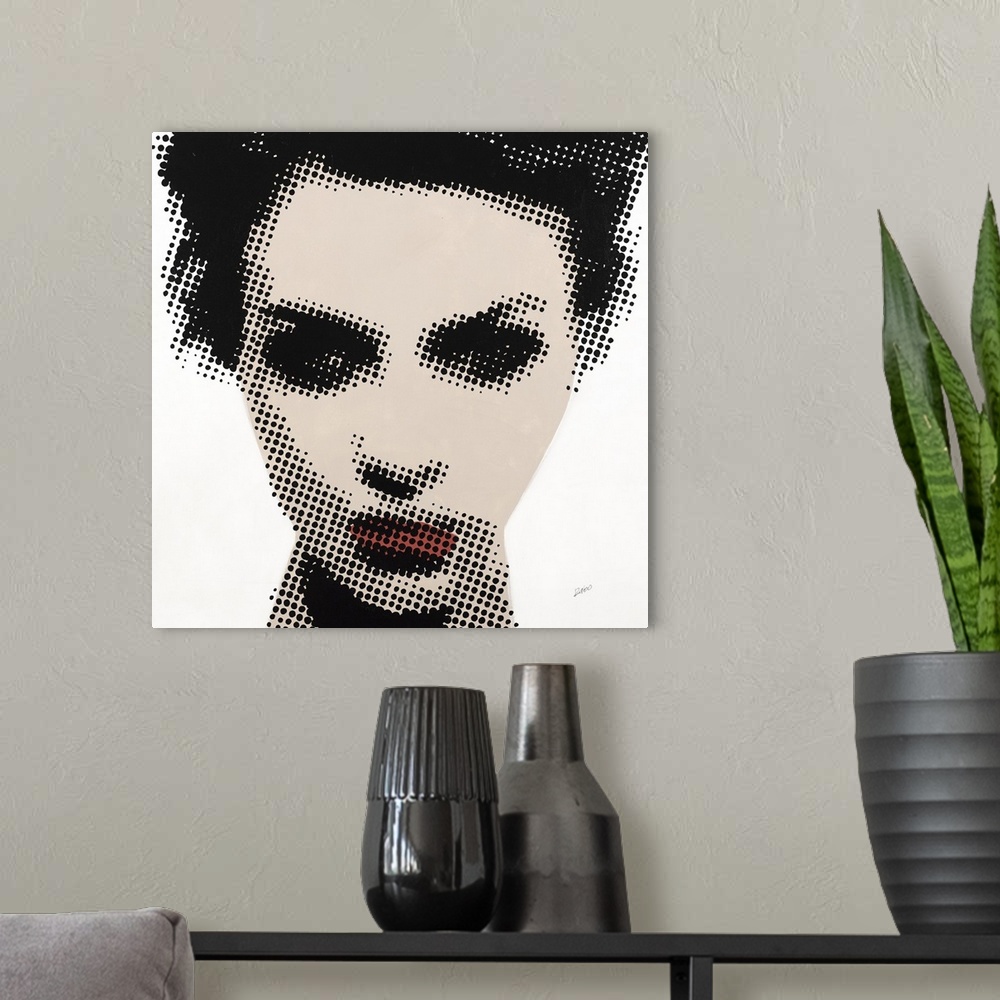 A modern room featuring Square illustration of a woman's face created with black dots over beige and red paint on a white...