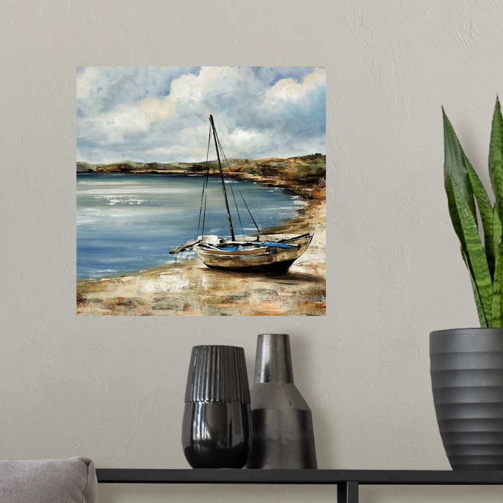 A modern room featuring Square painting of a sailboat sitting on the shore with water near it.